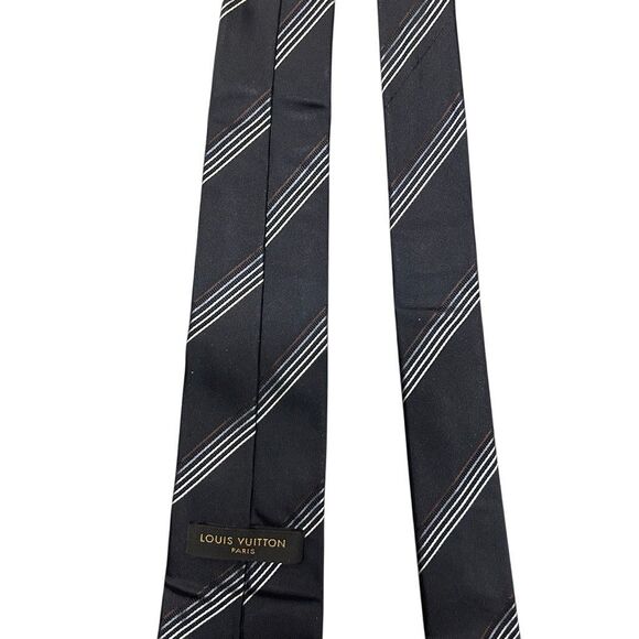 Louis Vuitton Navy Blue Striped Designer Neck Tie 100% Silk Embroidered Logo - Picture 7 of 14
